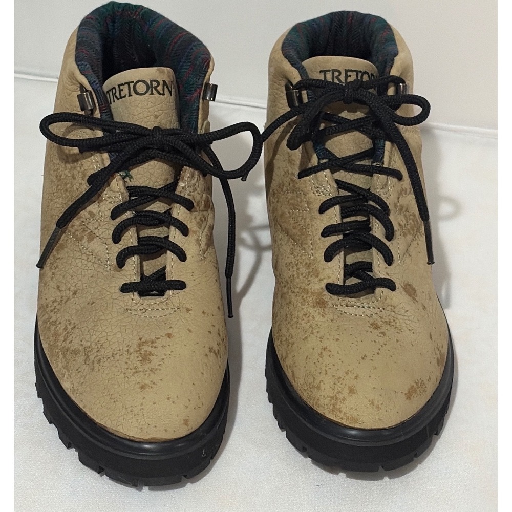 Vintage Tretorn Tan Leather Hiking Boots Plaid Lined Lug Sole Womens 6B Korea